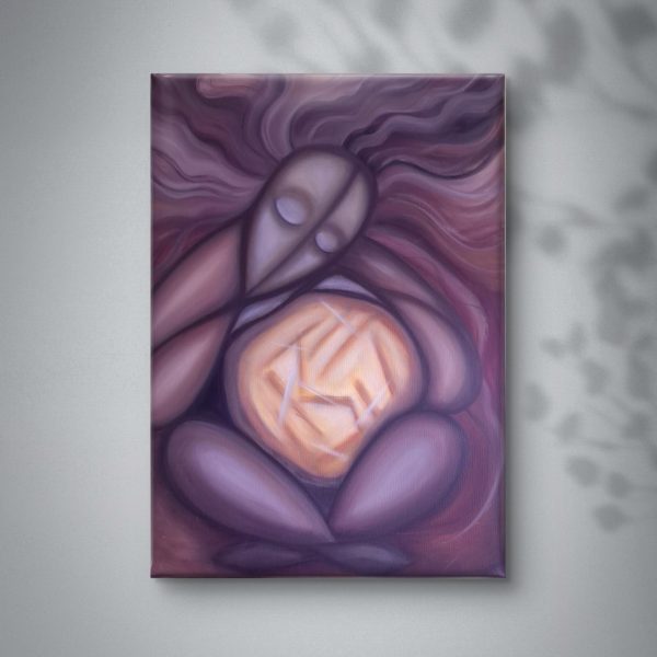 Original contemporary painting “Precious” from the Presence series by Kateryna Zadorozhna, depicting a stylized figure holding a glowing form in muted brown tones.